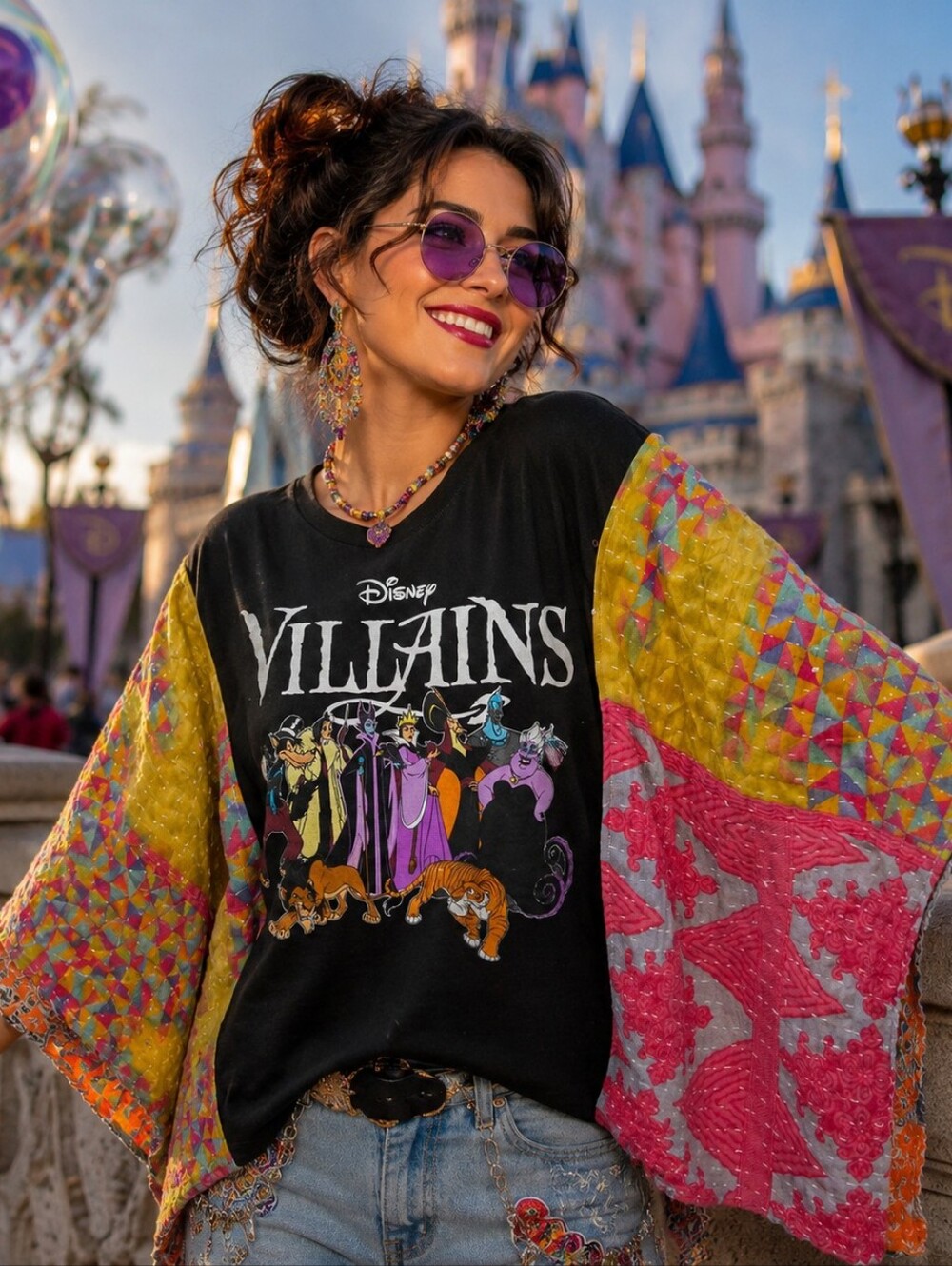 Upcycled Disney Villains Graphic Tee With Kantha Sleeves, OS